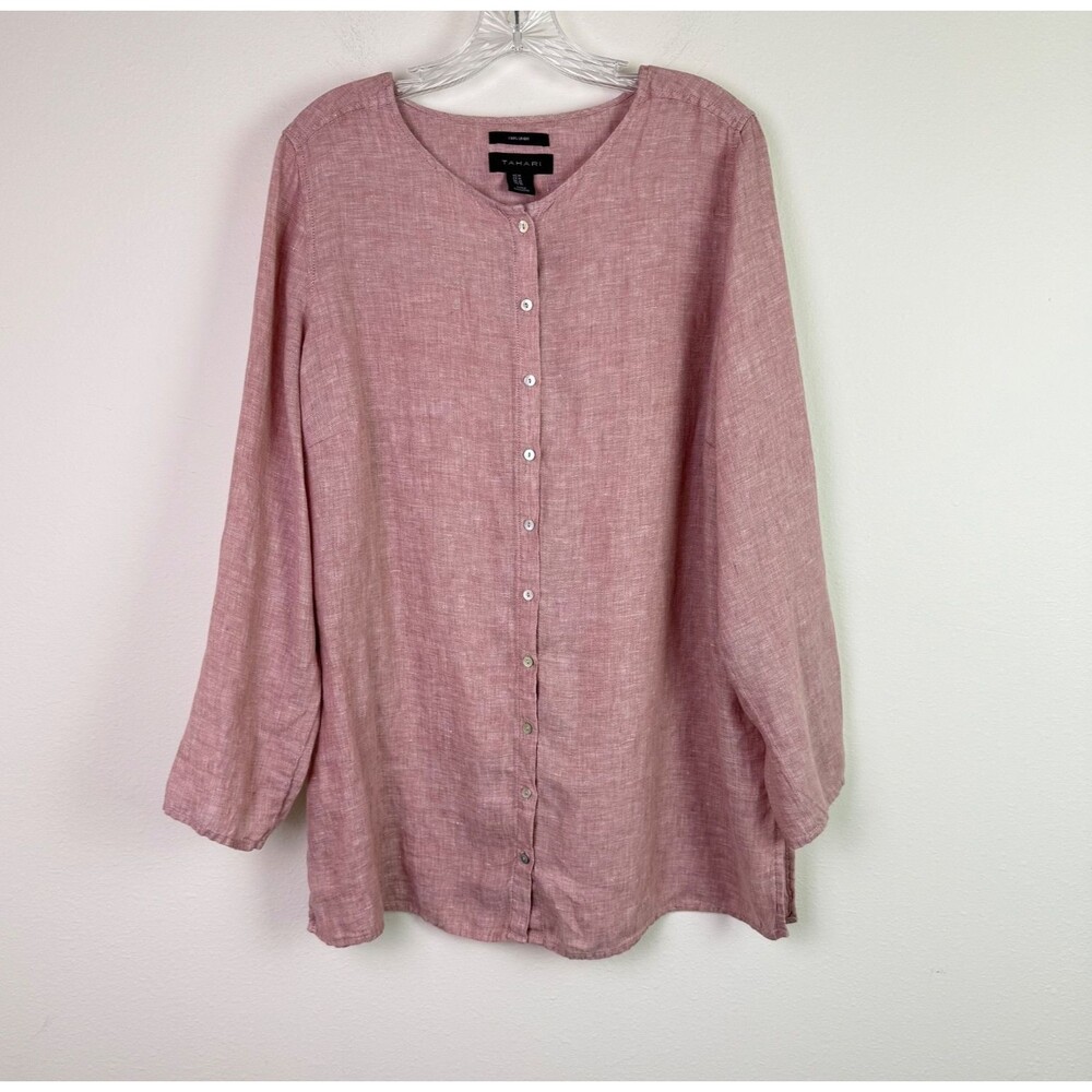 Tahari Women's 100% Linen Pink Button Front Shirt Lagenlook Coastal Size 1X